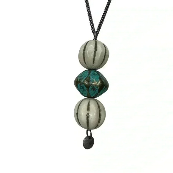 Beaded sweater necklace blue white and gold - Picture 2 of 2